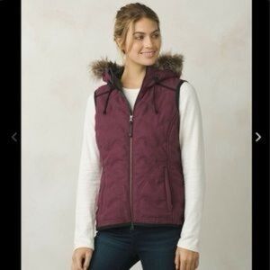 PrAna Maroon Hooded Wool Vest with Faux Fur Trim